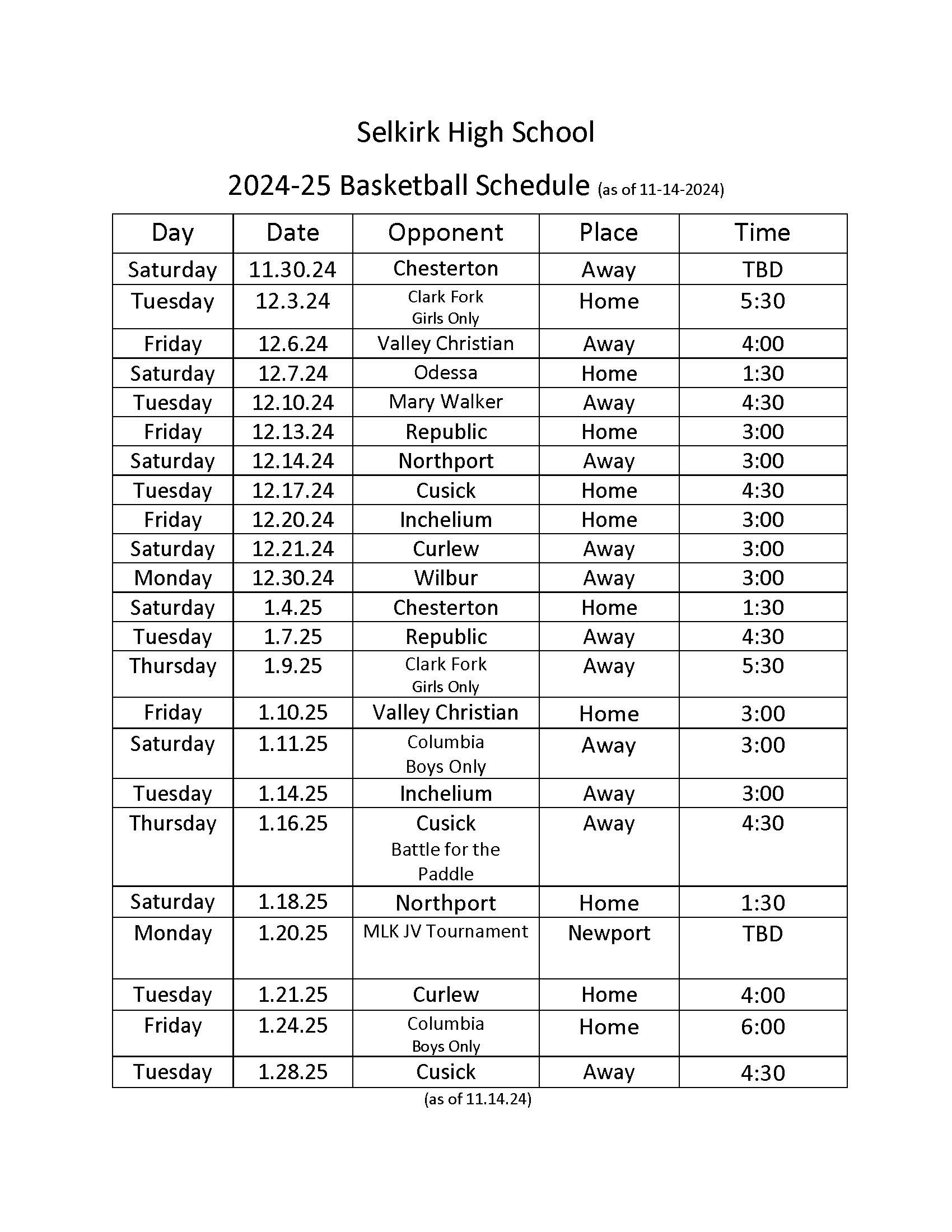 HS BBall Schedule 2024-25