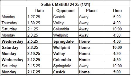 MSGBB Schedule