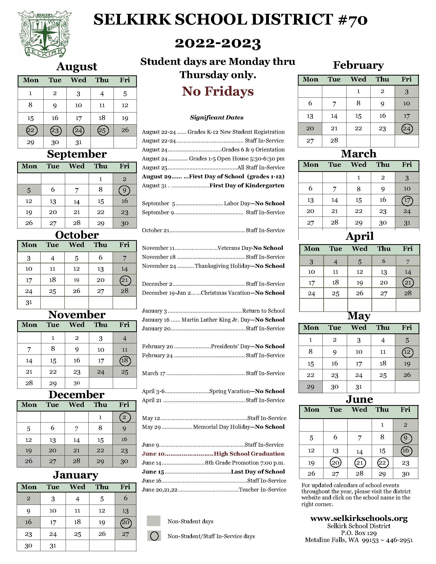 District Calendar Selkirk School District