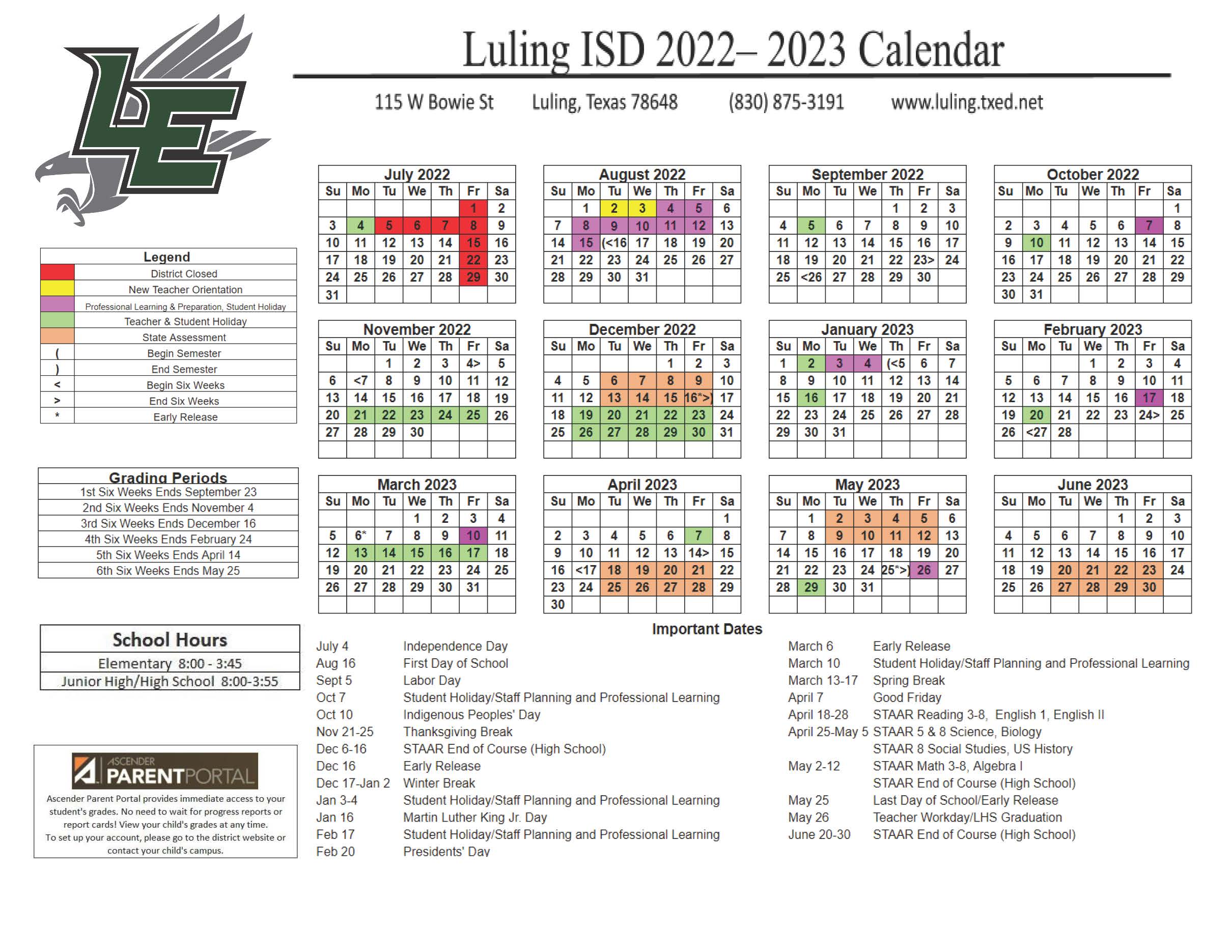District Calendar 20222023 Luling Independent School District