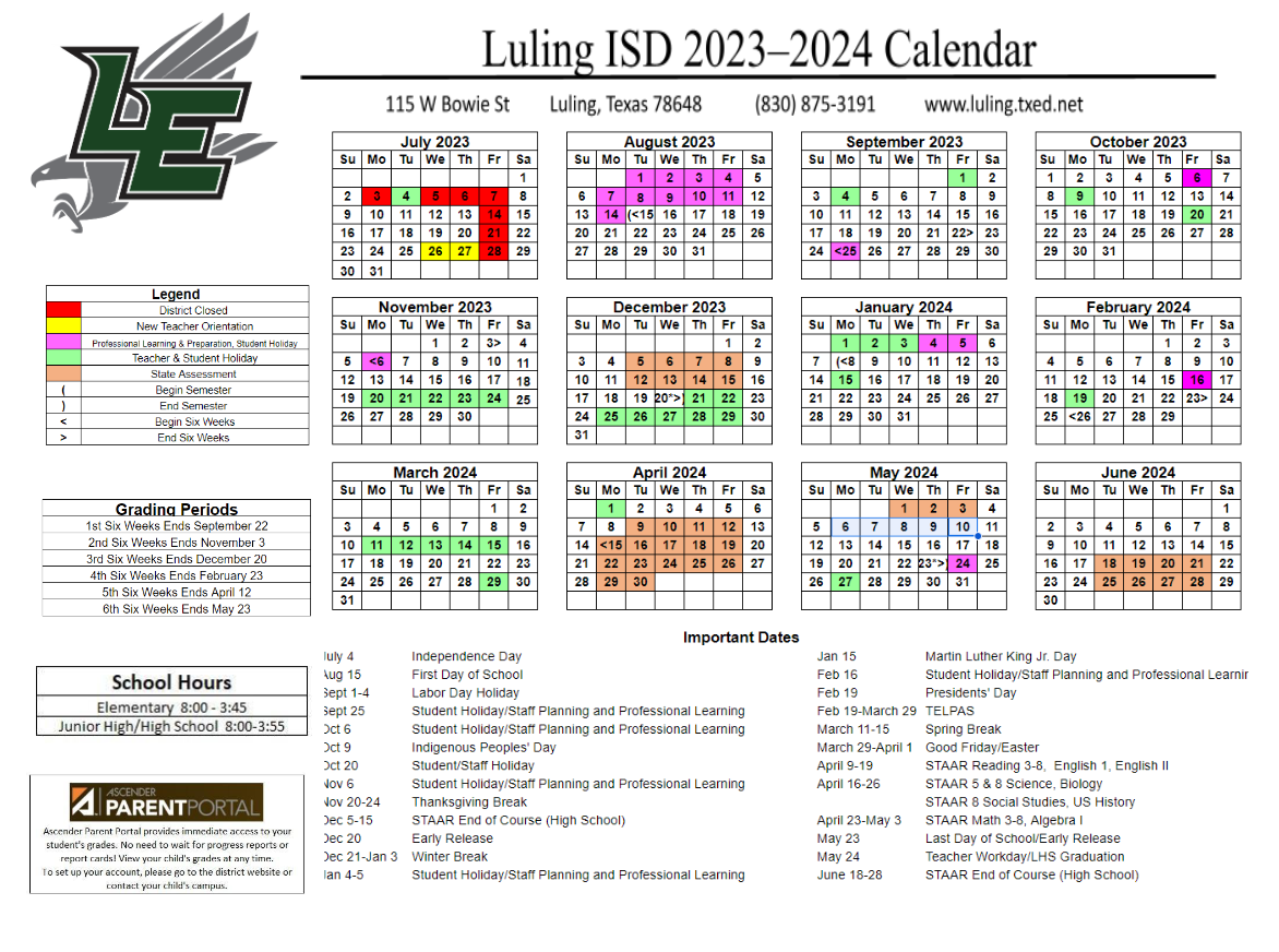 District Calendar 2023 2024 Luling Independent School District