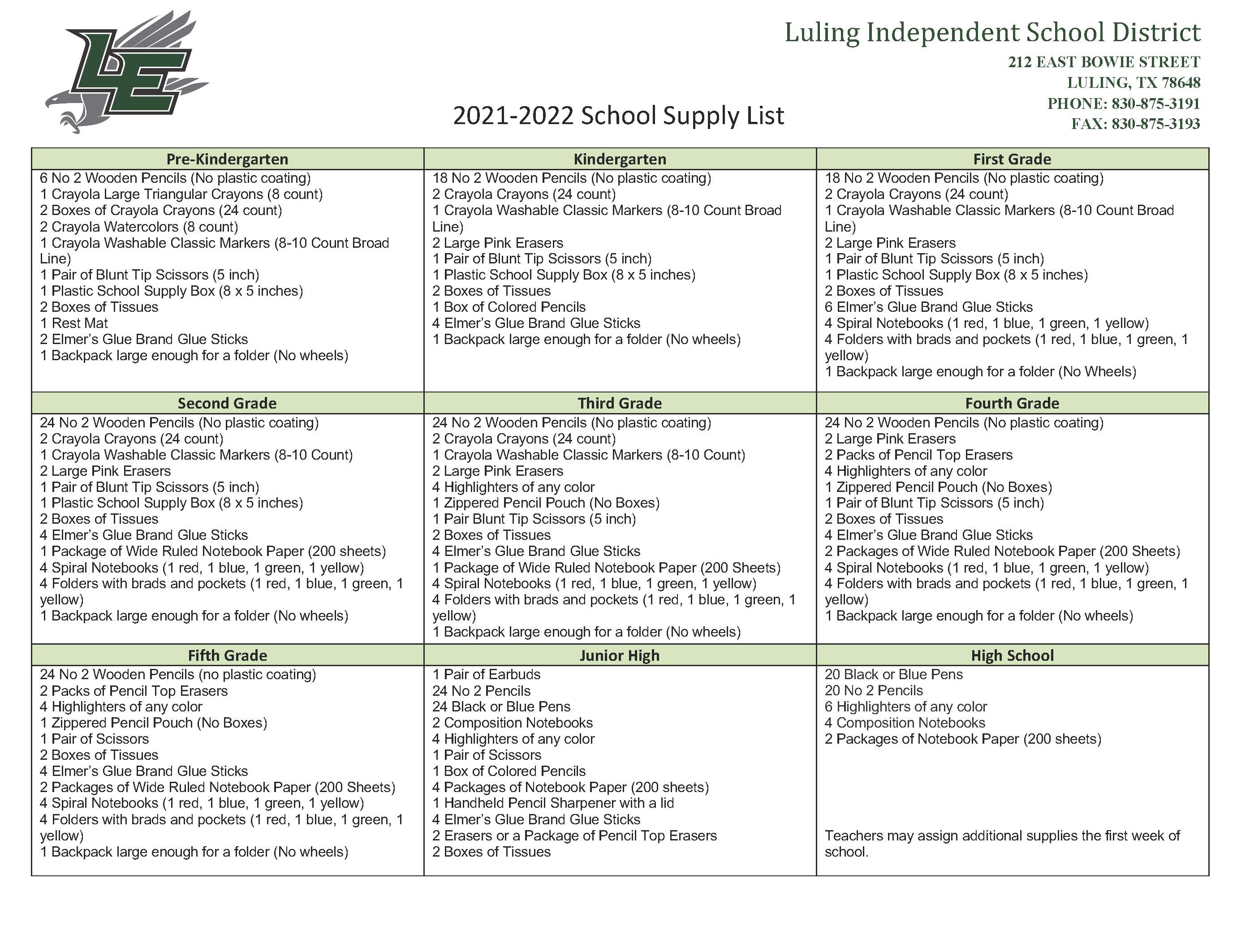 2021-22 School supply list