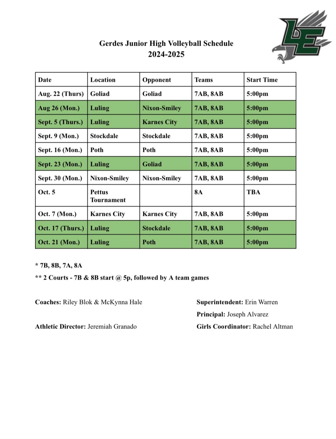 2024 Junior High Volleyball Schedule