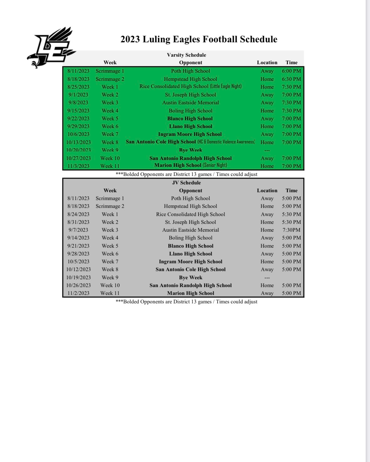 Football Schedule Luling High School