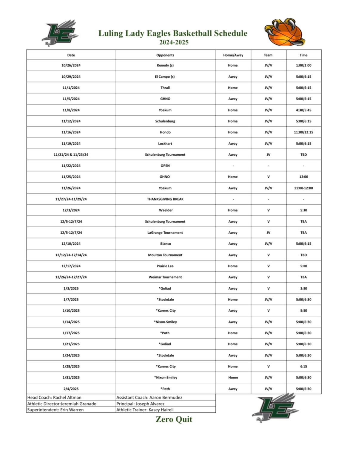 Lady Eagles Basketball Schedule