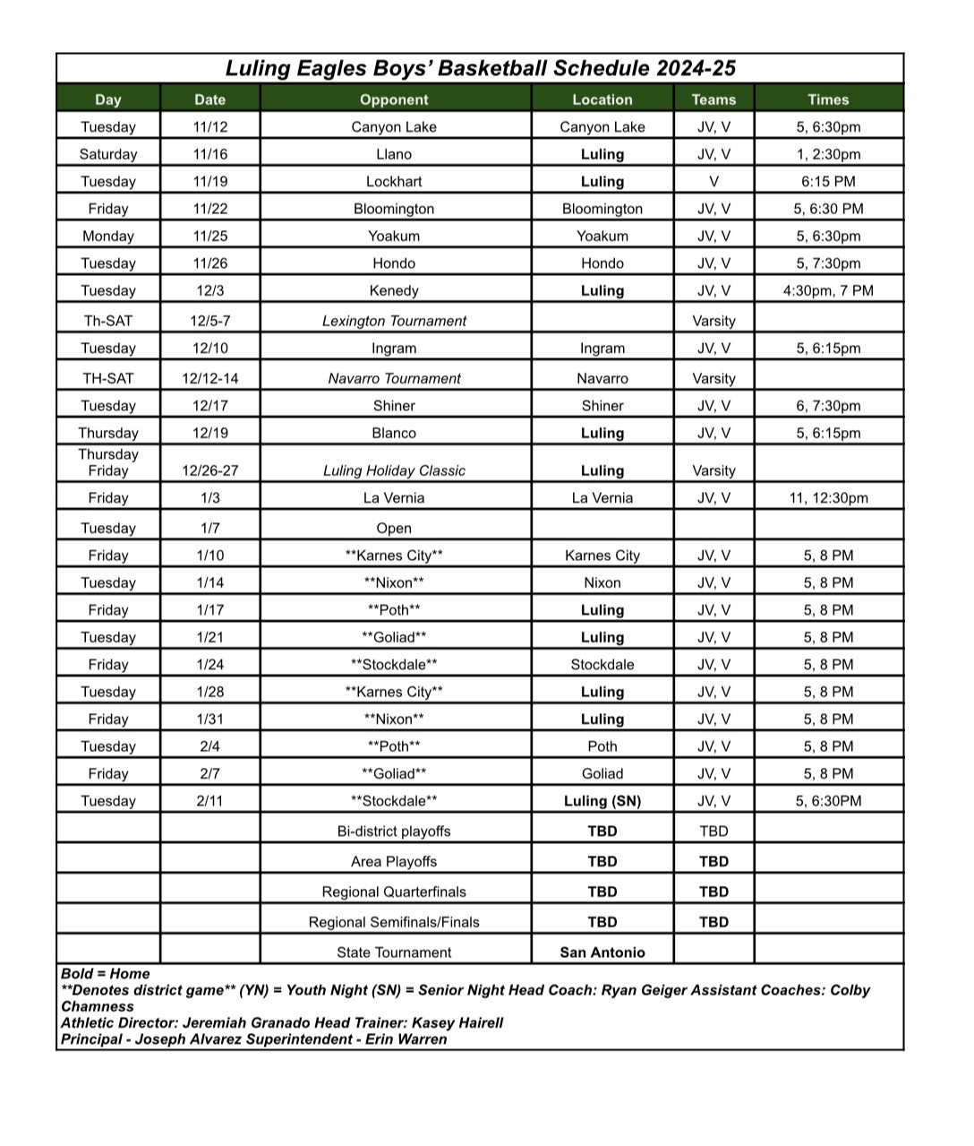 LHS Boys Basketball Schedule