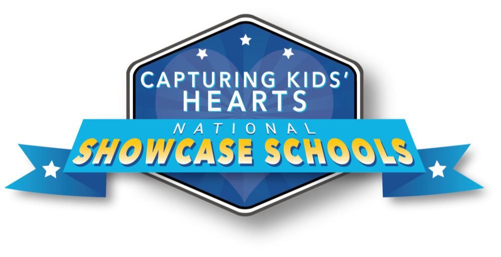 Blue hexagon logo with stars. Text reads "Capturing Kids' Hearts" and "National Showcase Schools" on a black background.