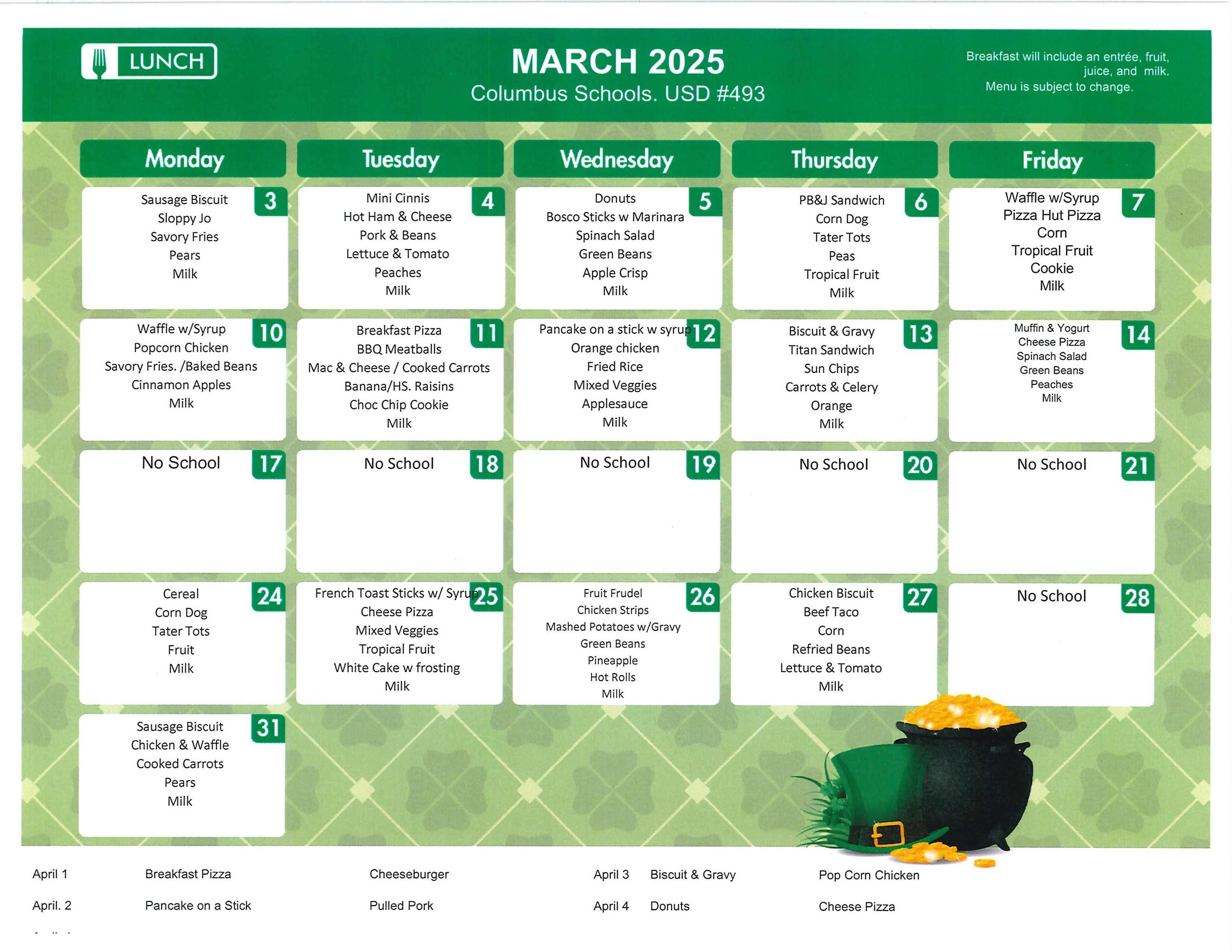 March  2025 Menu