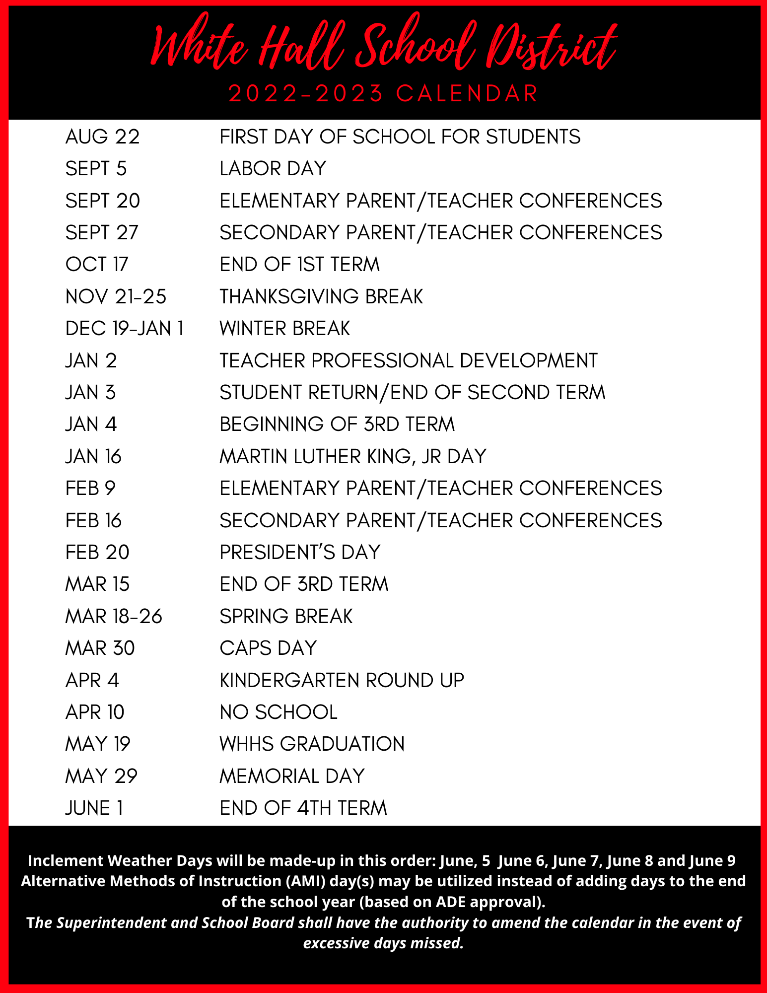 District Calendar of Events White Hall School District
