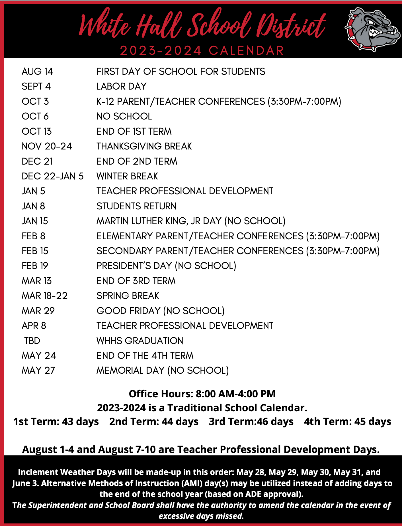 District Calendar Of Events White Hall School District