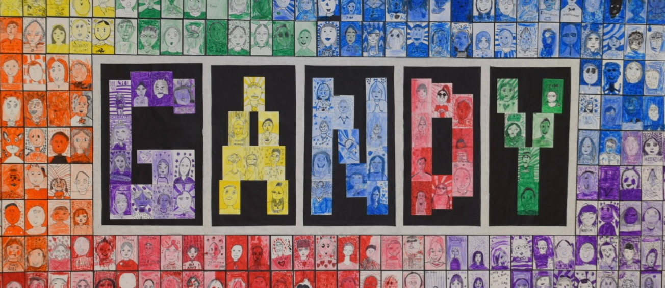 Each child in 1st - 5th grade at Gandy during the 2023-34 school year drew and colored a monochromatic self-portrait, which was compiled into this brightly colored art piece.
