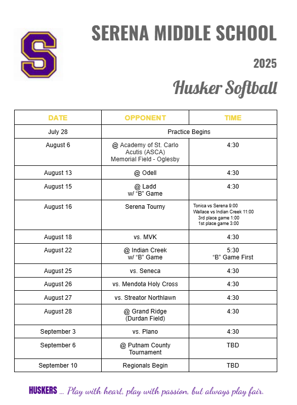 SMS 2025 Softball Schedule