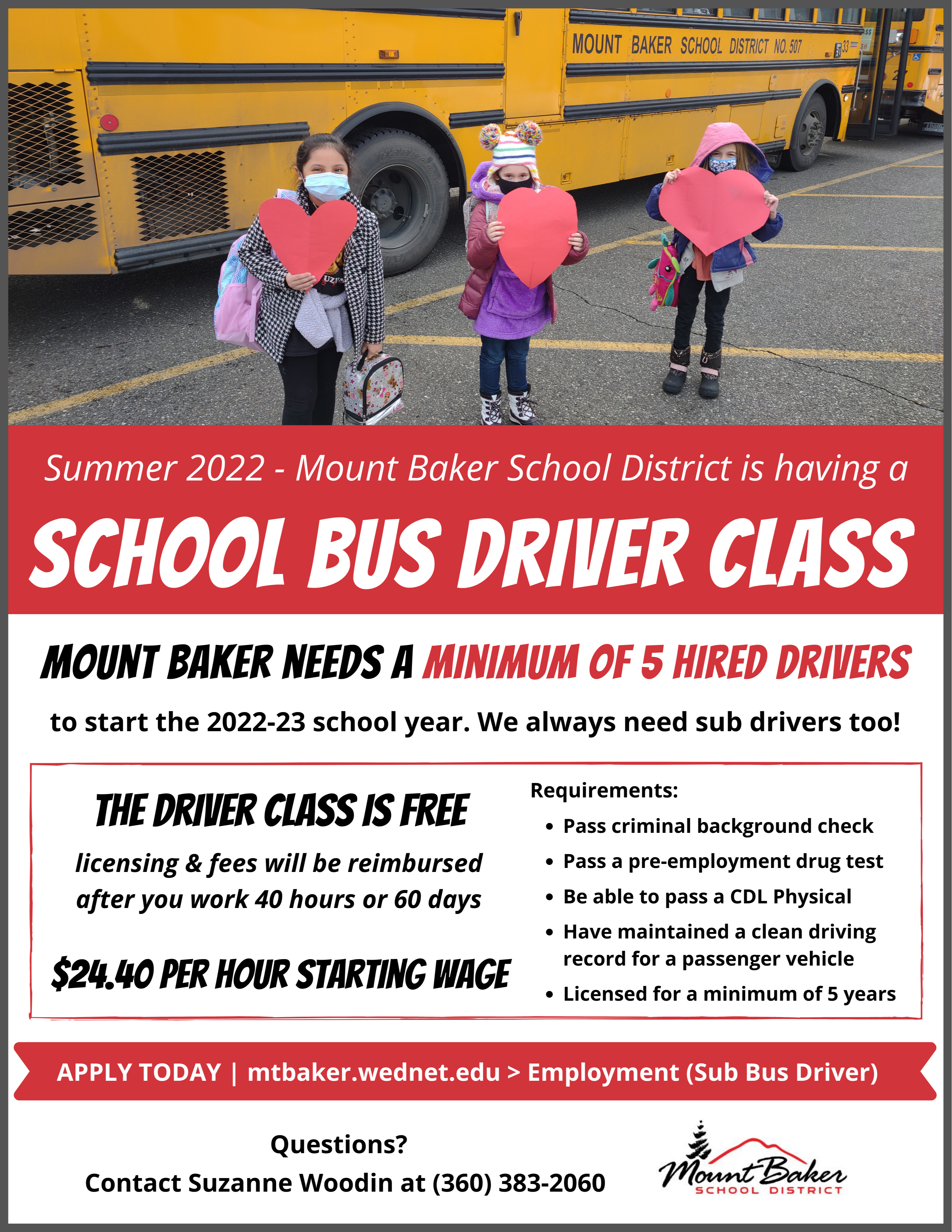 School Bus Driver Class in Summer 2022 Flyer, Students Holding Paper Hearts and Standing Next to a School Bus
