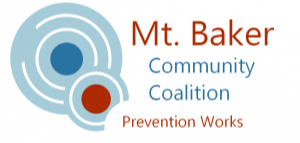Mt. Baker Community Coalition Logo, Prevention Works, Blue and Orange Circles