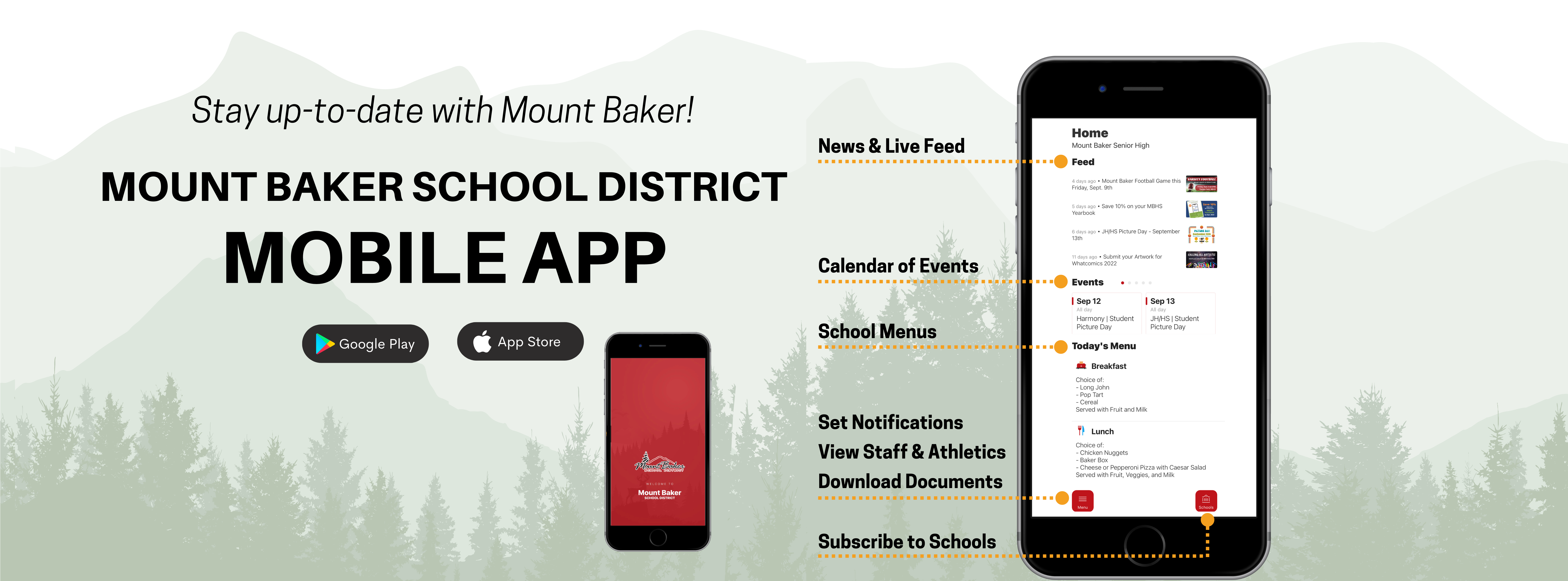 MBSD Mobile App, Mobile Phone, Mountains and Trees