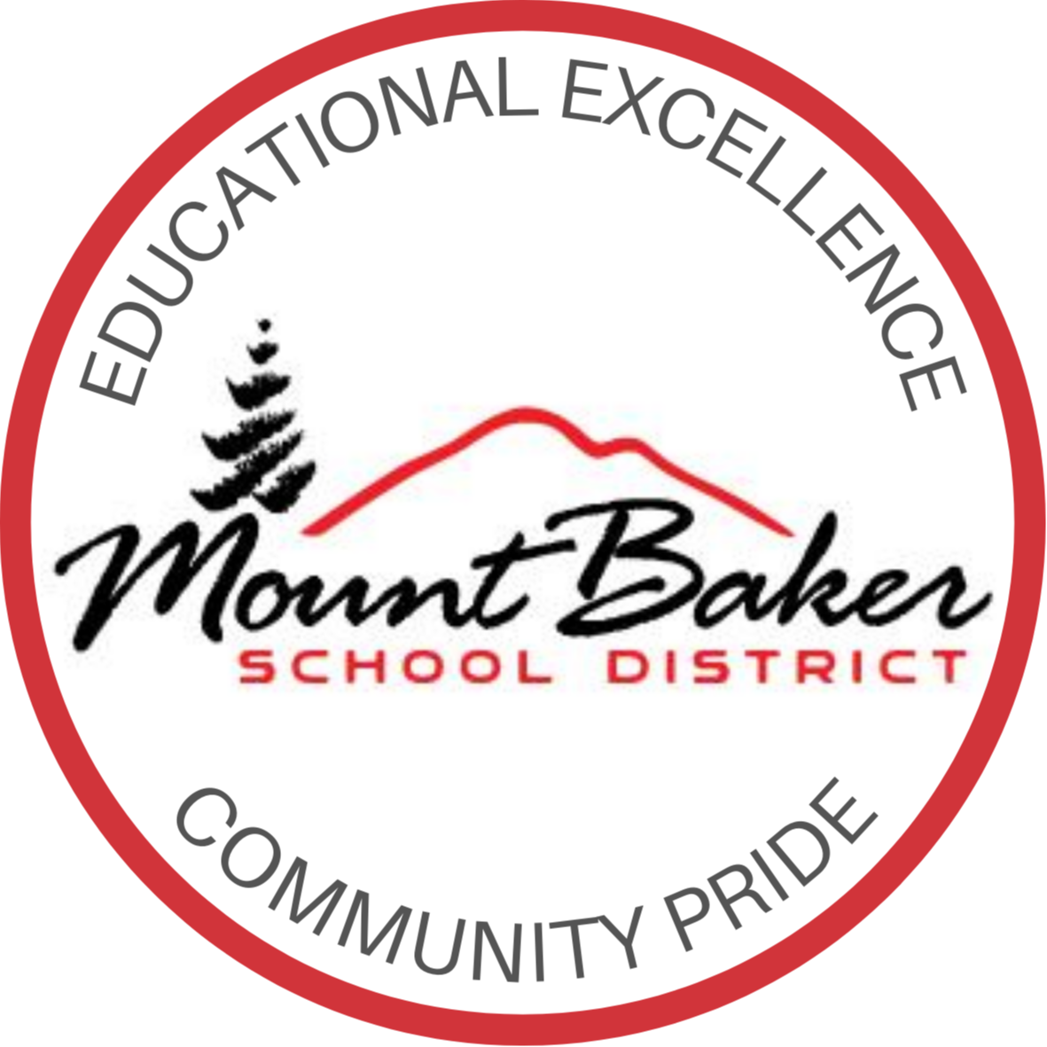 Mount Baker School District Logo, Mountains and Pine Tree