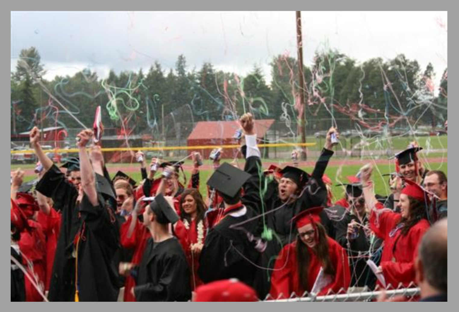 Mount Baker High School Students at Graduation, throwing Graduation Caps in the Air, Confetti