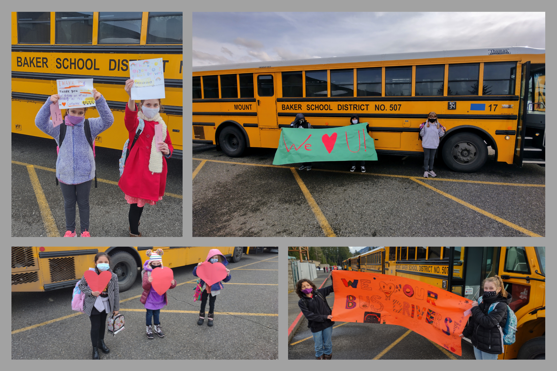 Students Holding Banner that reads, "We Love You" and "We Love Our Bus Drivers,"  Students, School Bus