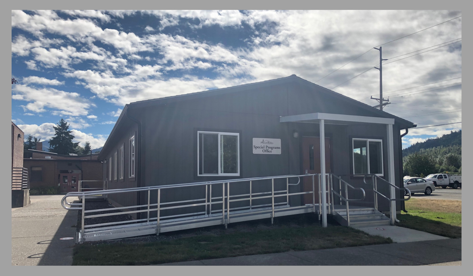 Mount Baker Student Services Office, Grey Portable, Blue Sky, White Clouds