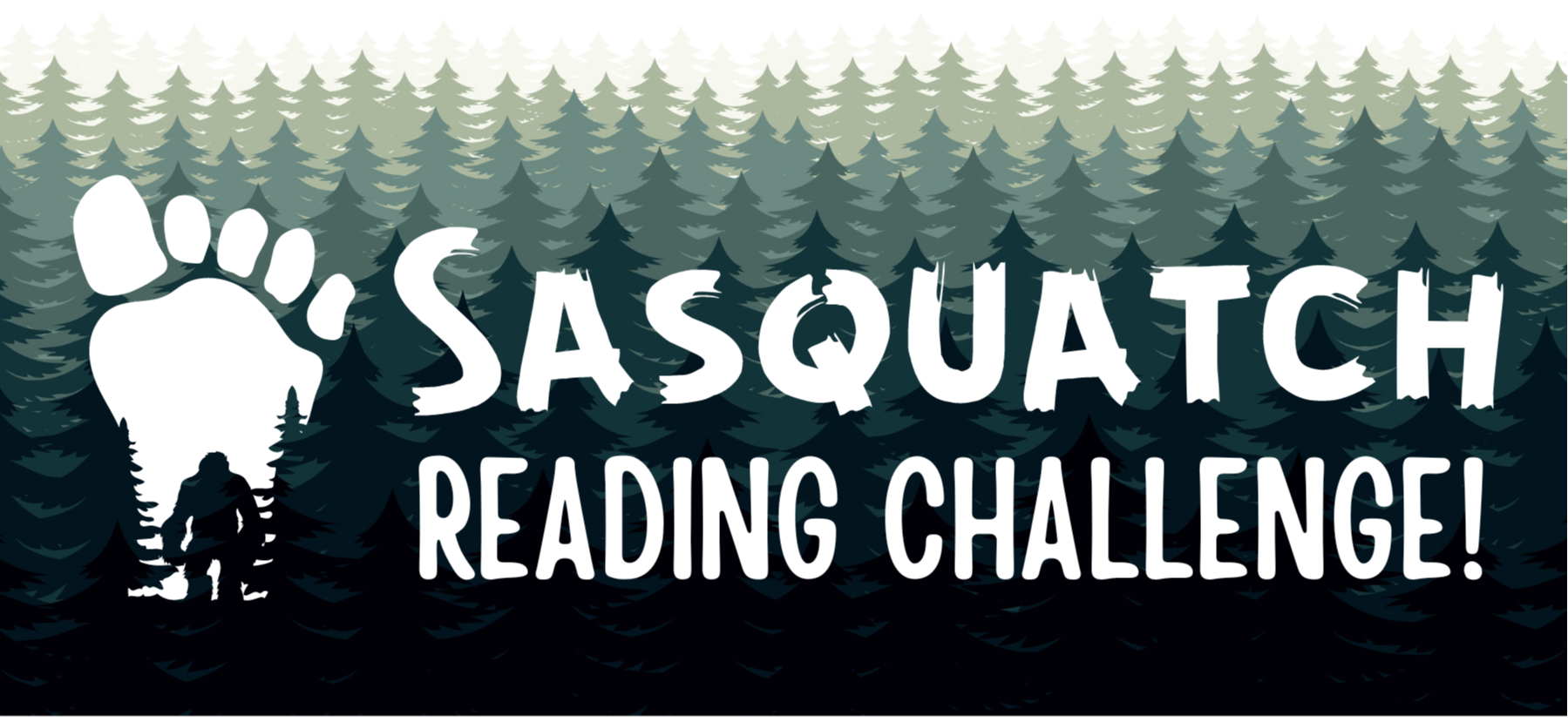 Sasquatch Reading Challenge, Green Pine Trees, Sasquatch, Footprint