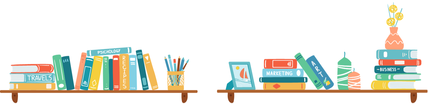 Library books, books on shelves, flower vase, pencils