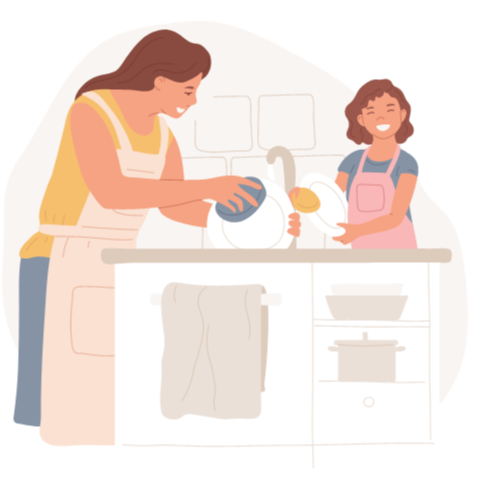 Woman and girl washing dishes