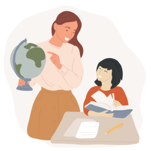 Woman holding a globe and talking to a girl looking at a book, Paper, Pencil