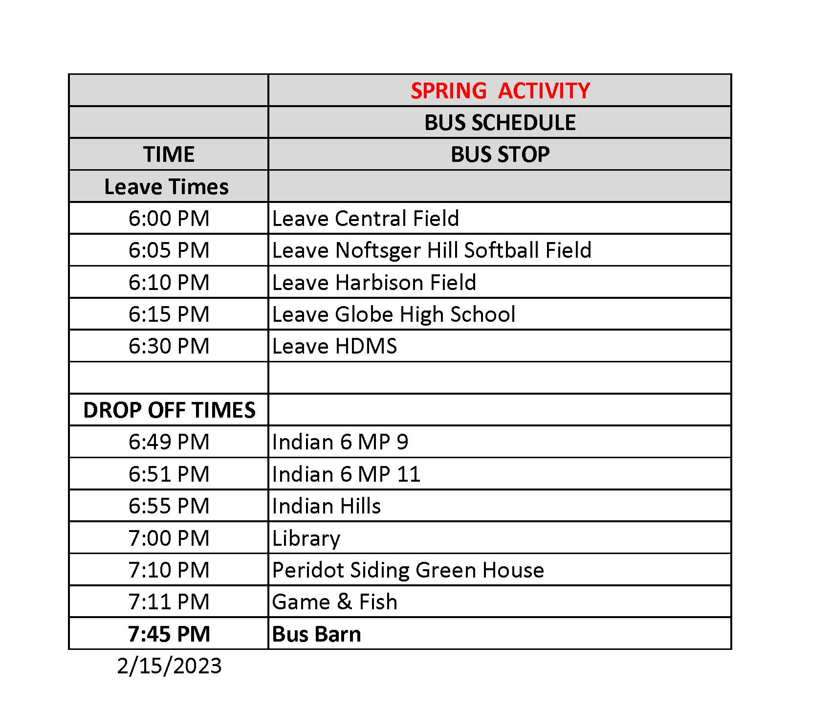 Spring Activity Schedule general