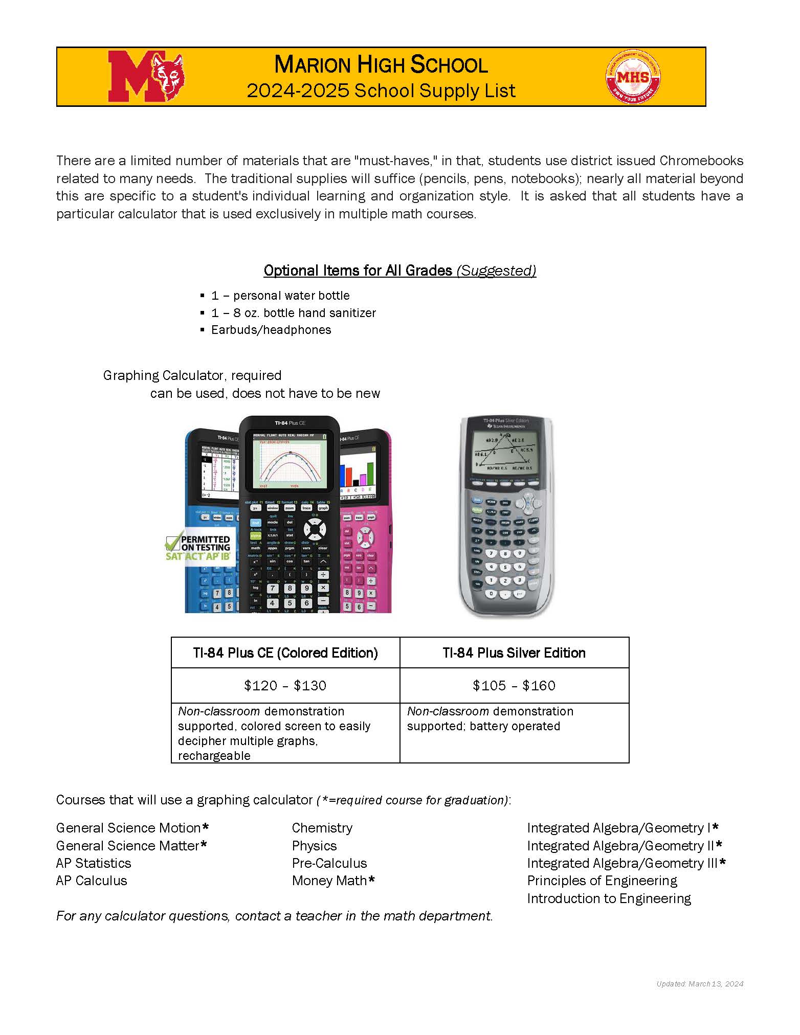 MHS School Supply List