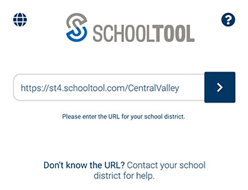 screen shot of schooltool mobile app with login url