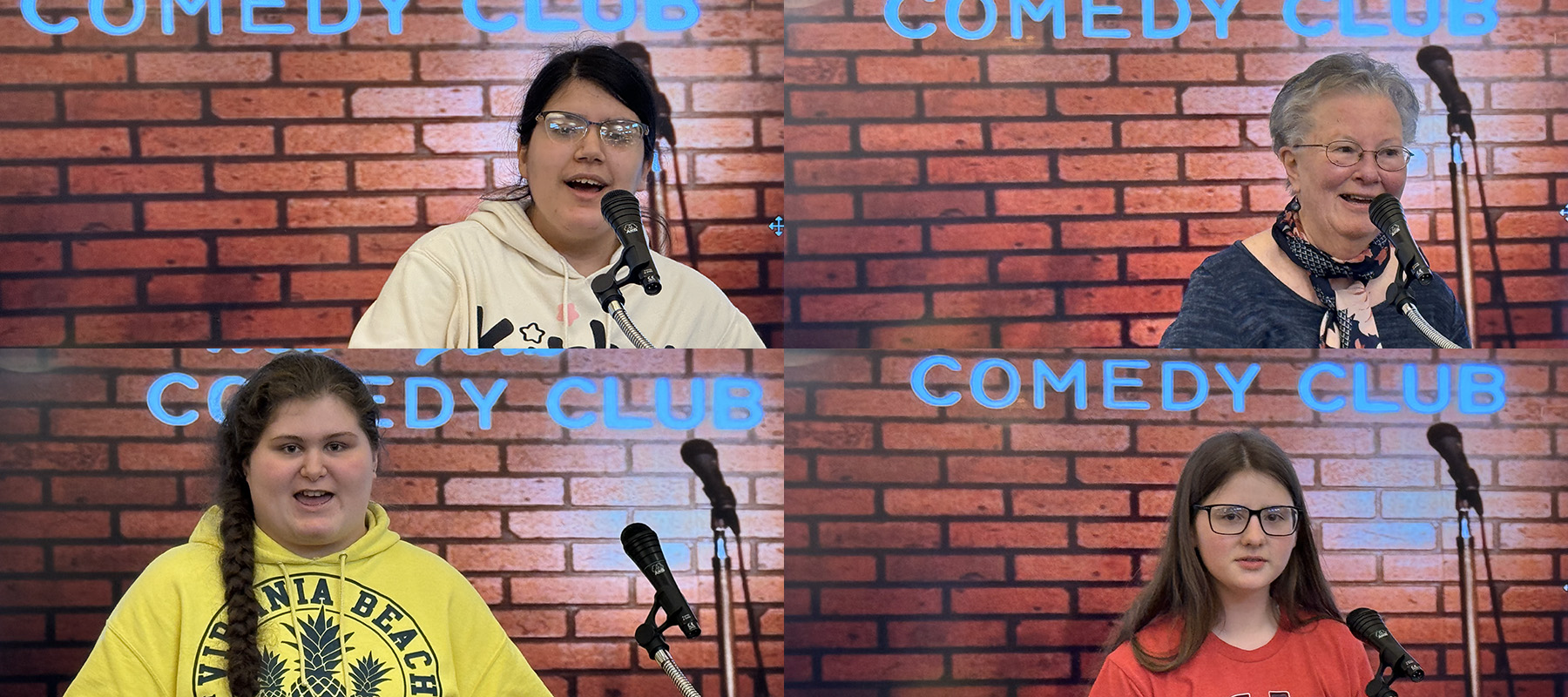 composite of four people in front of brick wall with a microphone, words comedy club is background
