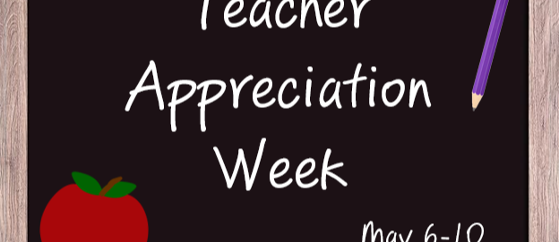 blackoard graphic with pencil and apple. Text saying teacher appreciation week