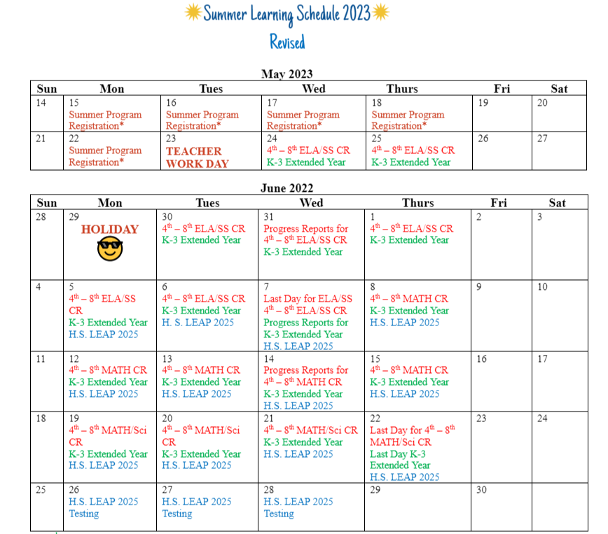 Summer Learning Schedule