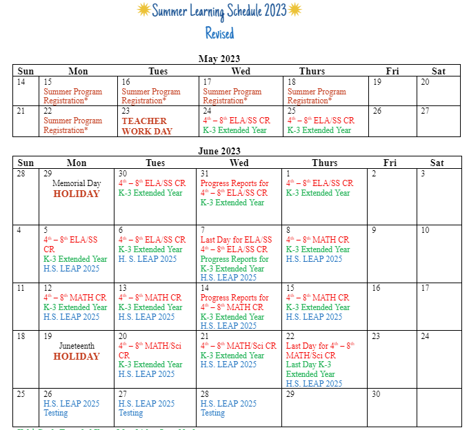 Summer Learning Schedule