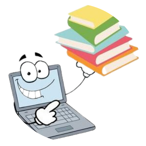 animated computer holding books