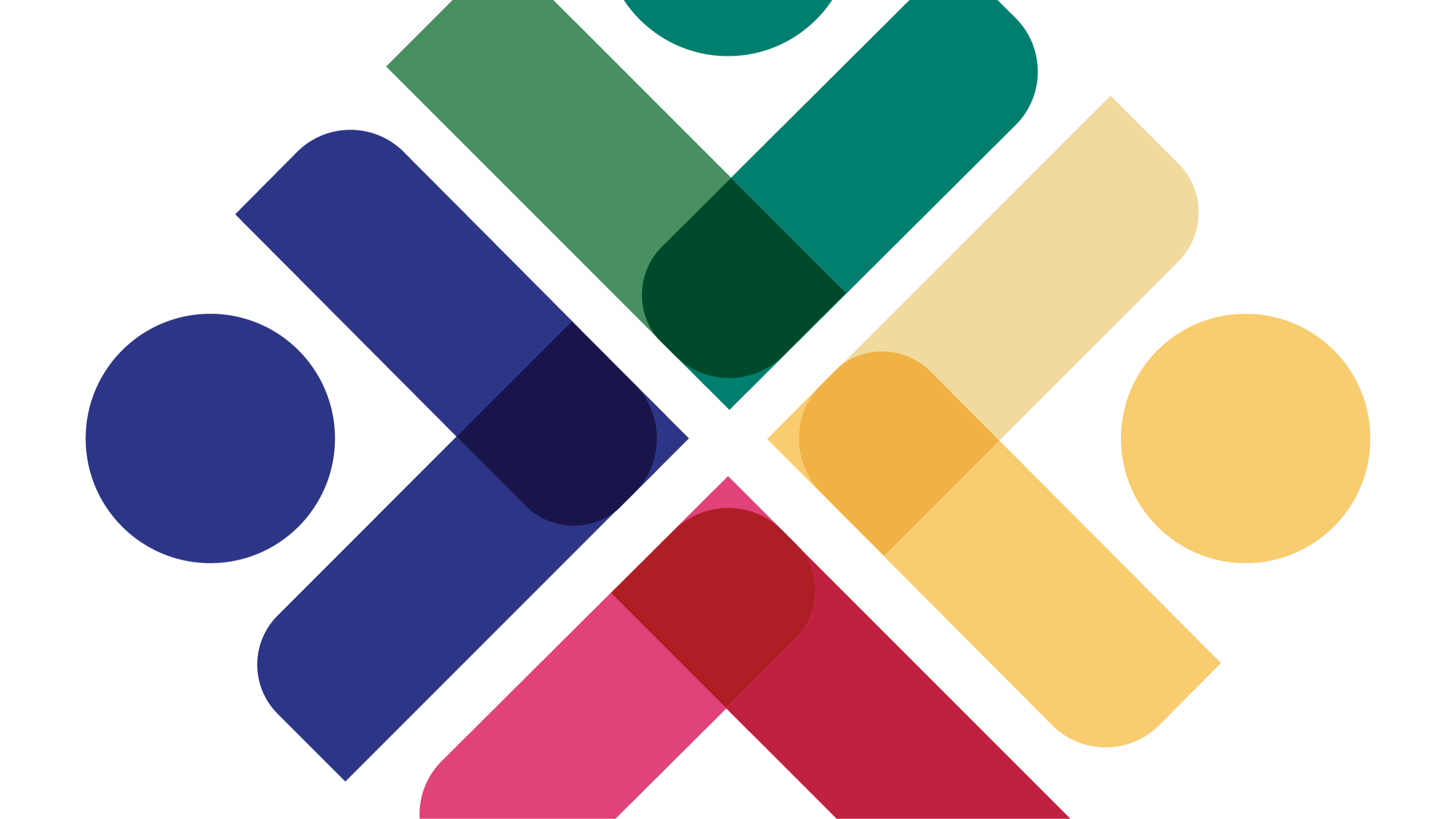 Multicolored geometric shapes form an abstract design on a black background. Shapes include blue, green, red, yellow, and pink.