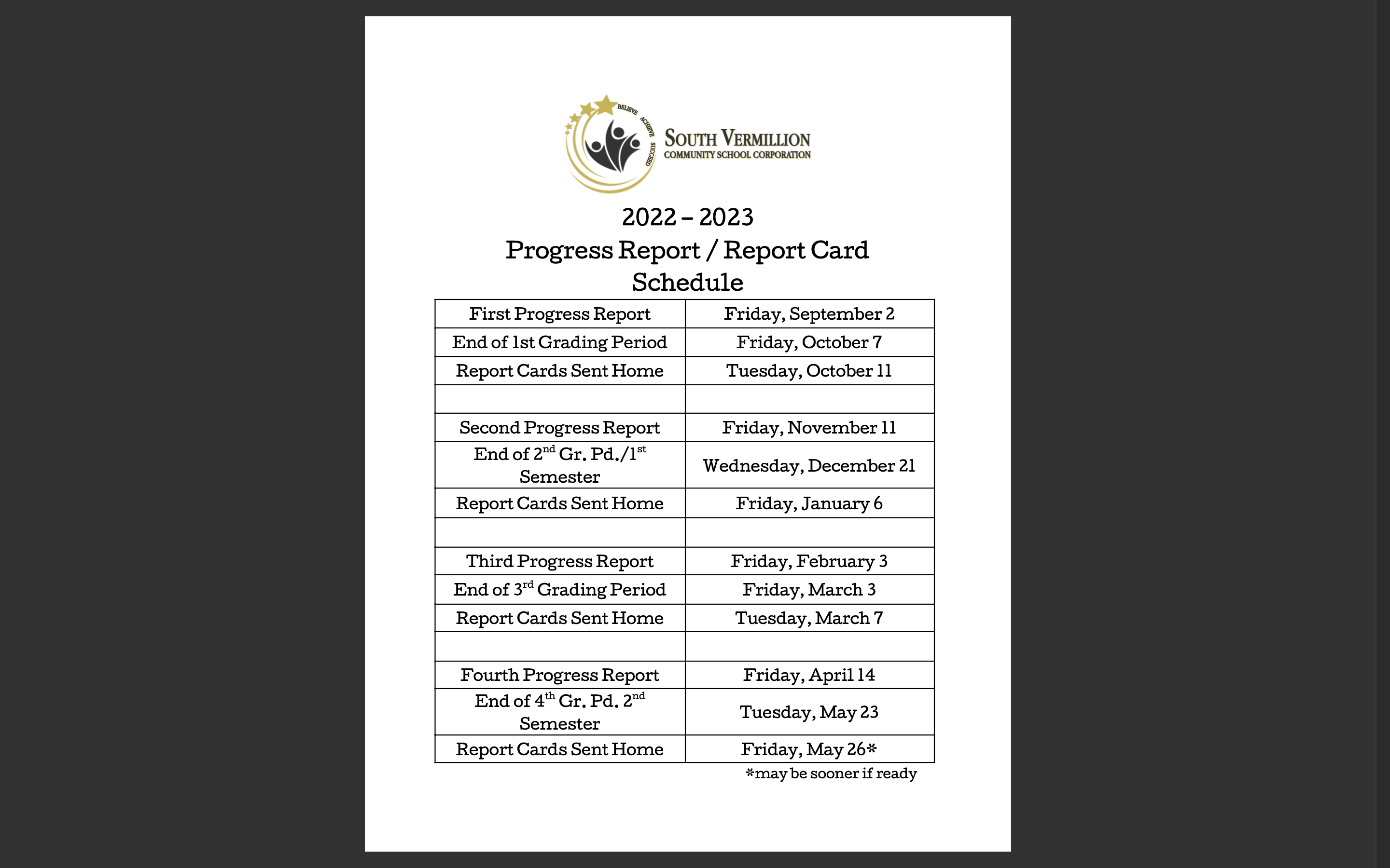 Report Card Schedule South Vermillion Middle School