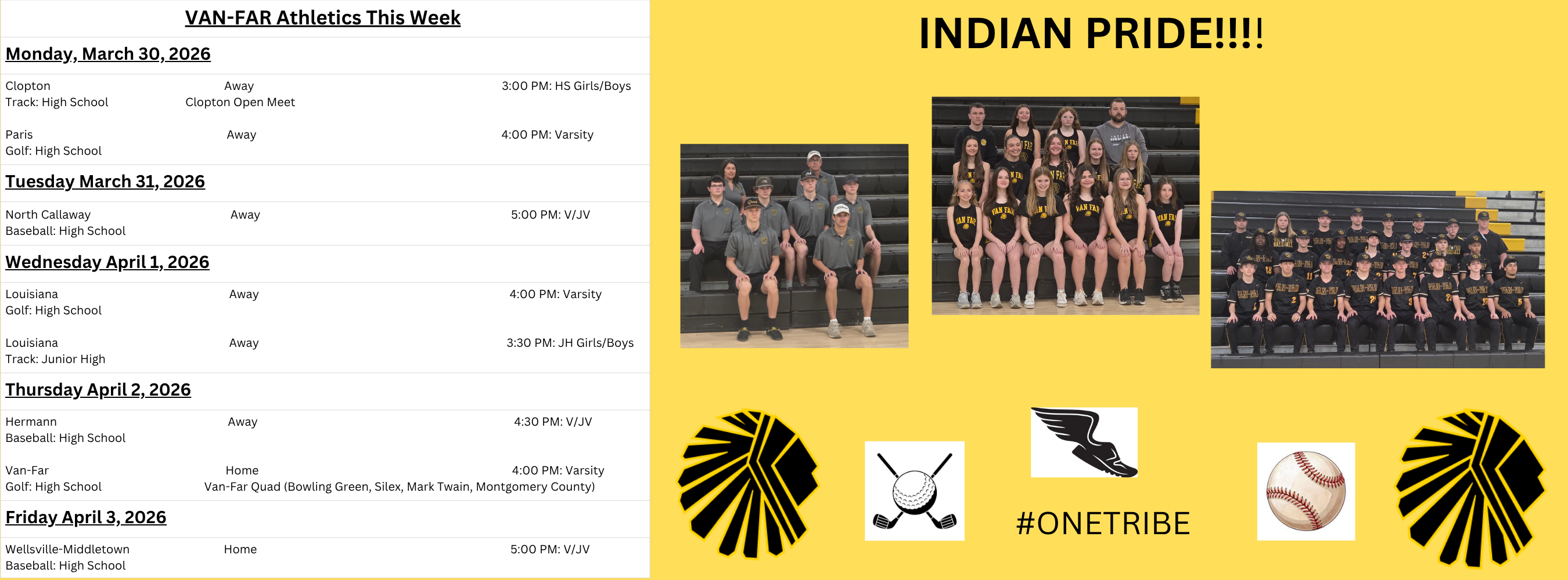 Activities for the week of March 30 - April  3, 2026