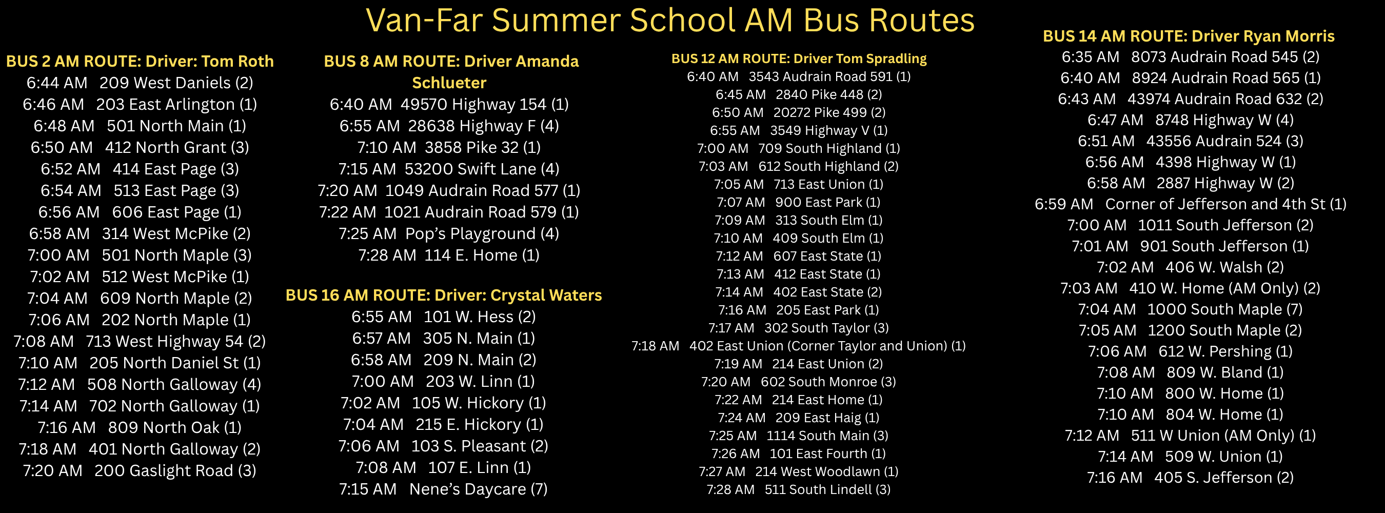 2026 Summer School Morning Bus Routes