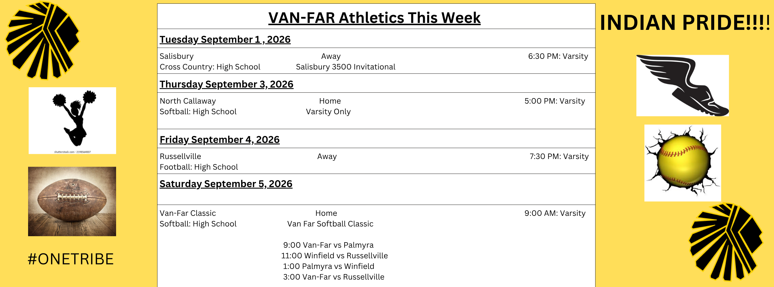 Van-Far Sports Schedule for the Week of August 31 2026