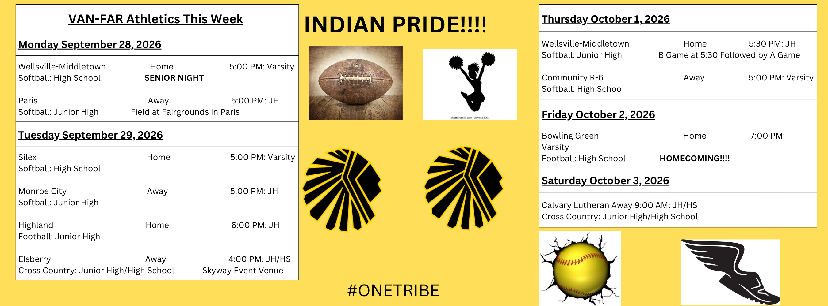Van-Far Sports Schedule for the Week of September 28, 2026