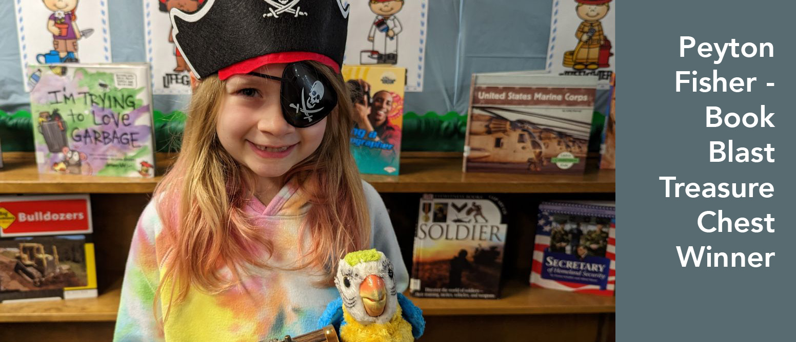 student wearing pirate hat and eye patch, holding plush parrot, classroom