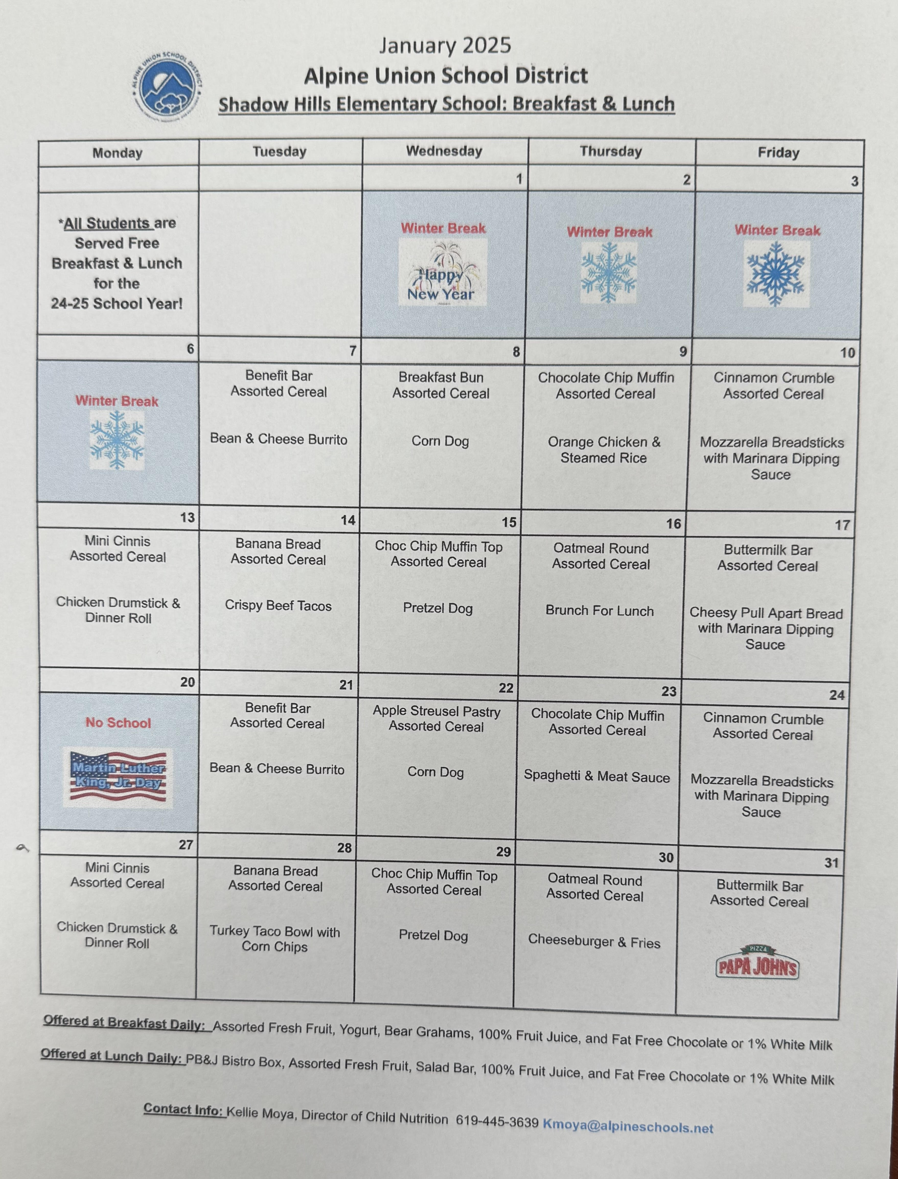 Jan 2025 Breakfast Lunch Menu