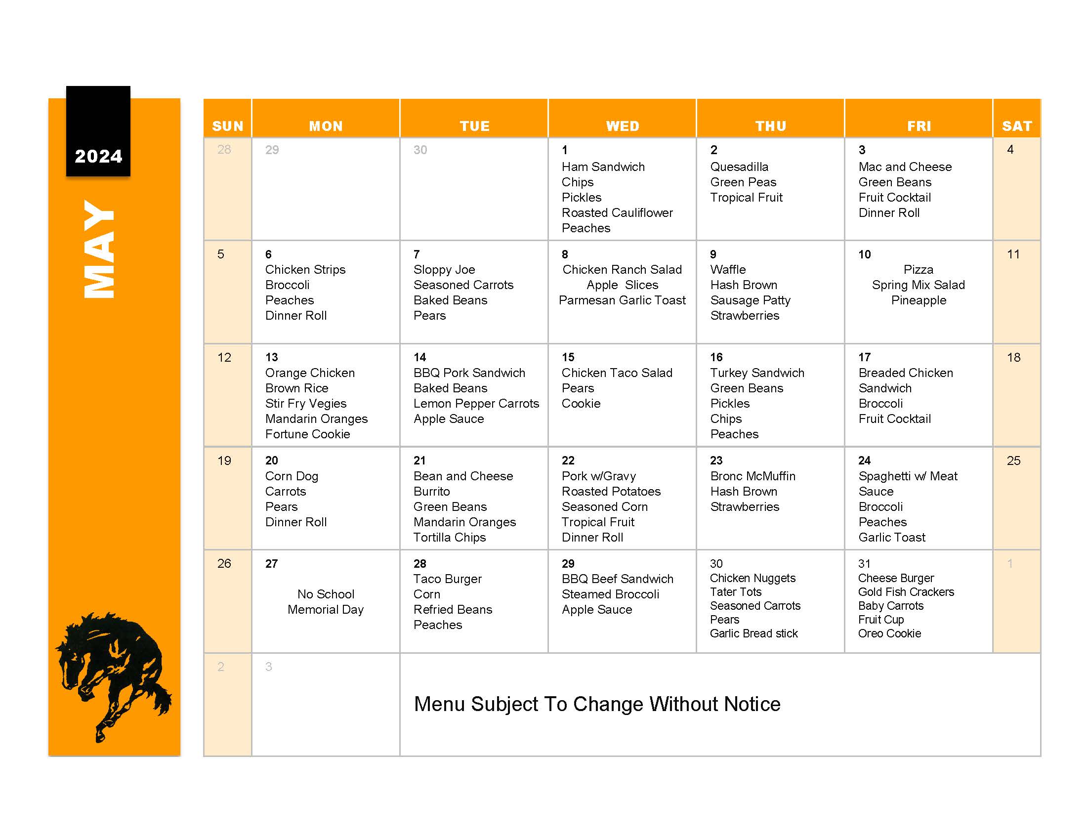 Printable Monthly Menu | Frenchtown School District