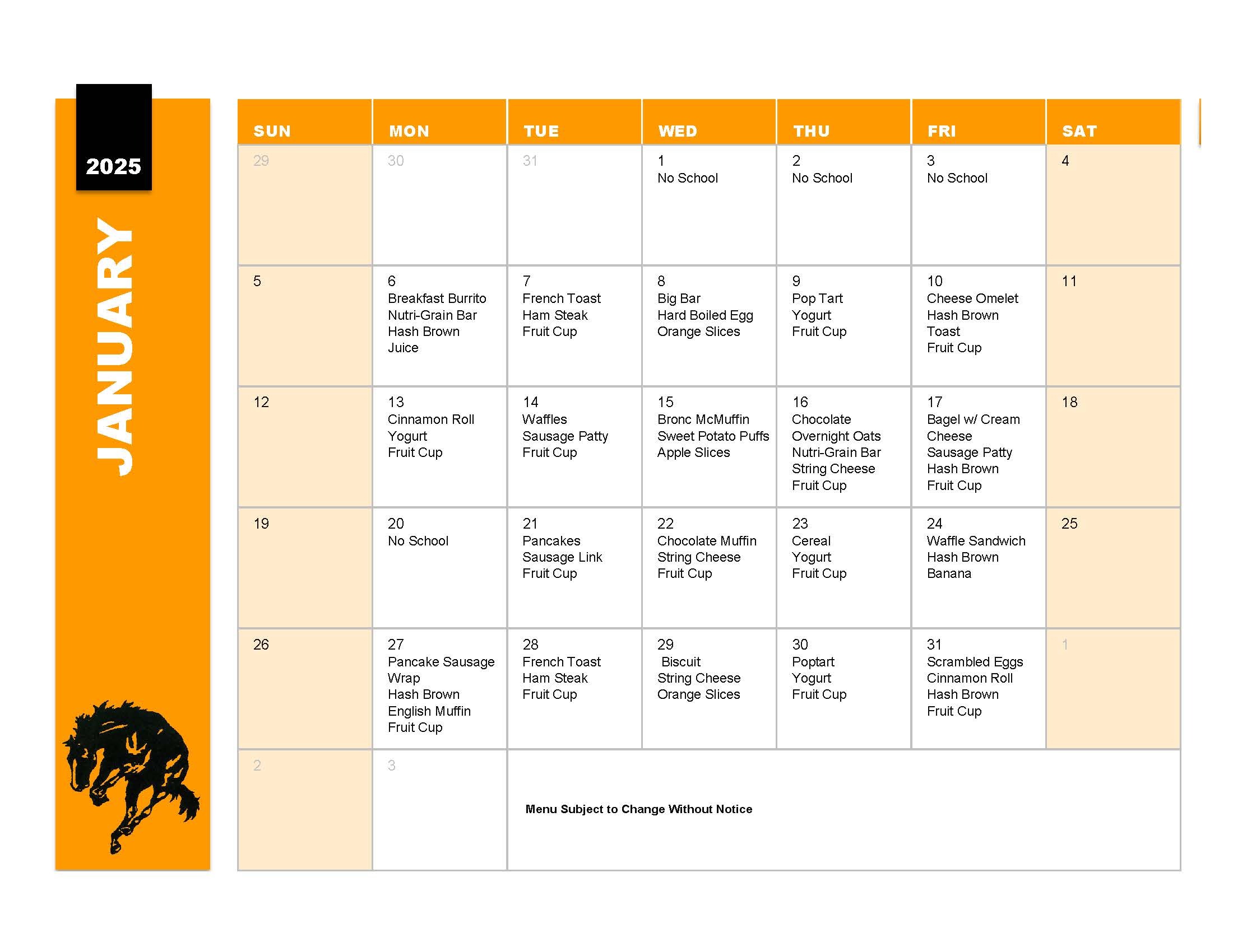 January Printable Breakfast Menu