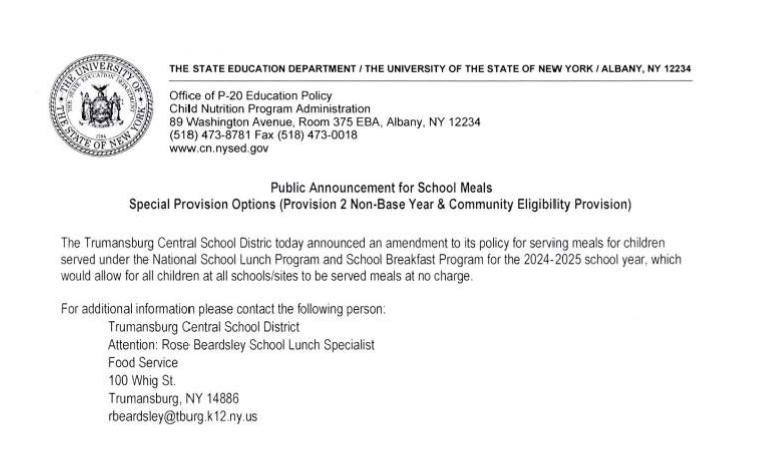 Public Announcement for School Meals Special Provision Options (Provision 2 Non-Base Year & Community Eligibi lity Provision)