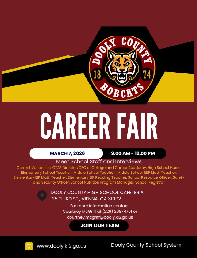 career fair flyer in burgundy with text and bobcat logo