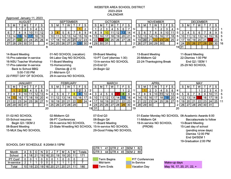 Yearly Calendar | Webster Area School District