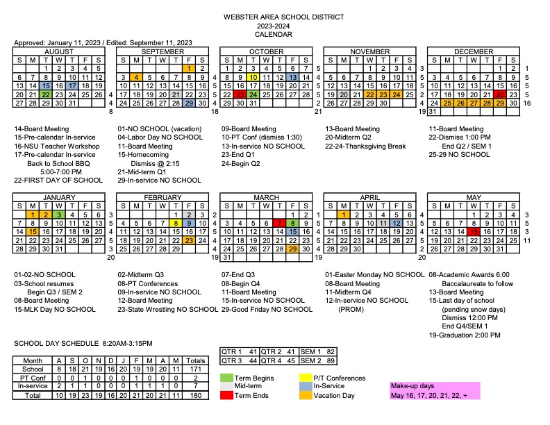 Yearly Calendar | Webster Area School District