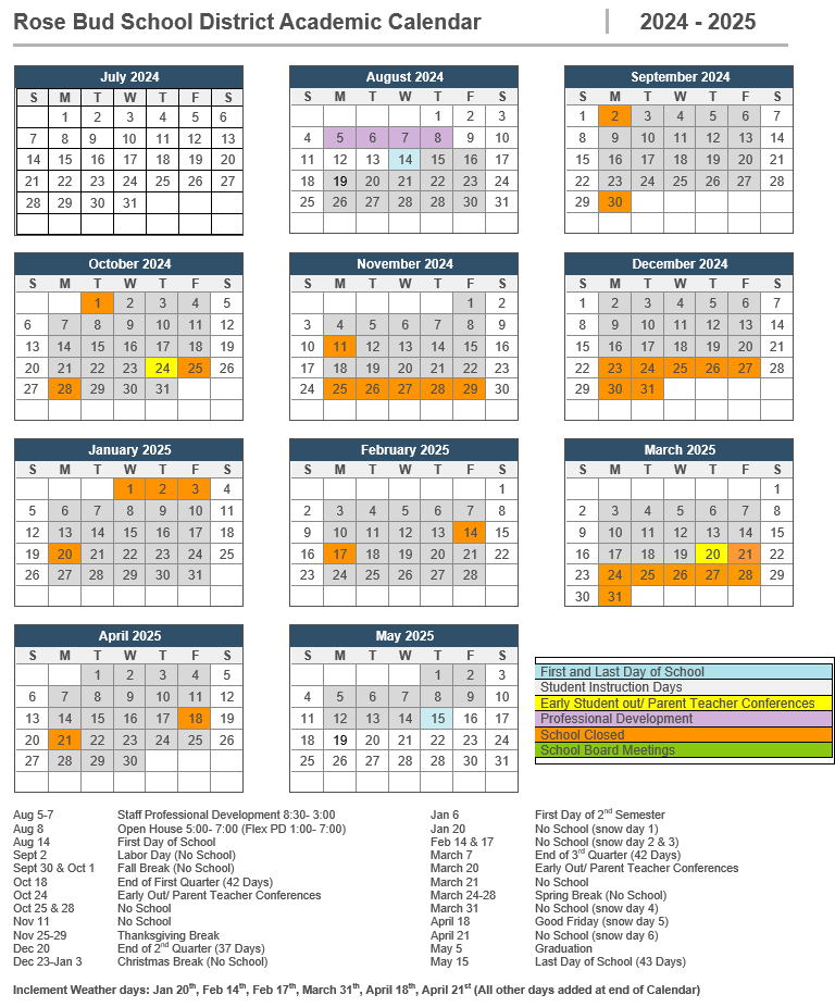 2023-2024 School Calendar | Rose Bud School District